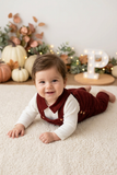Conjunto tijolo: jardineiras e camisola 3-6-12M