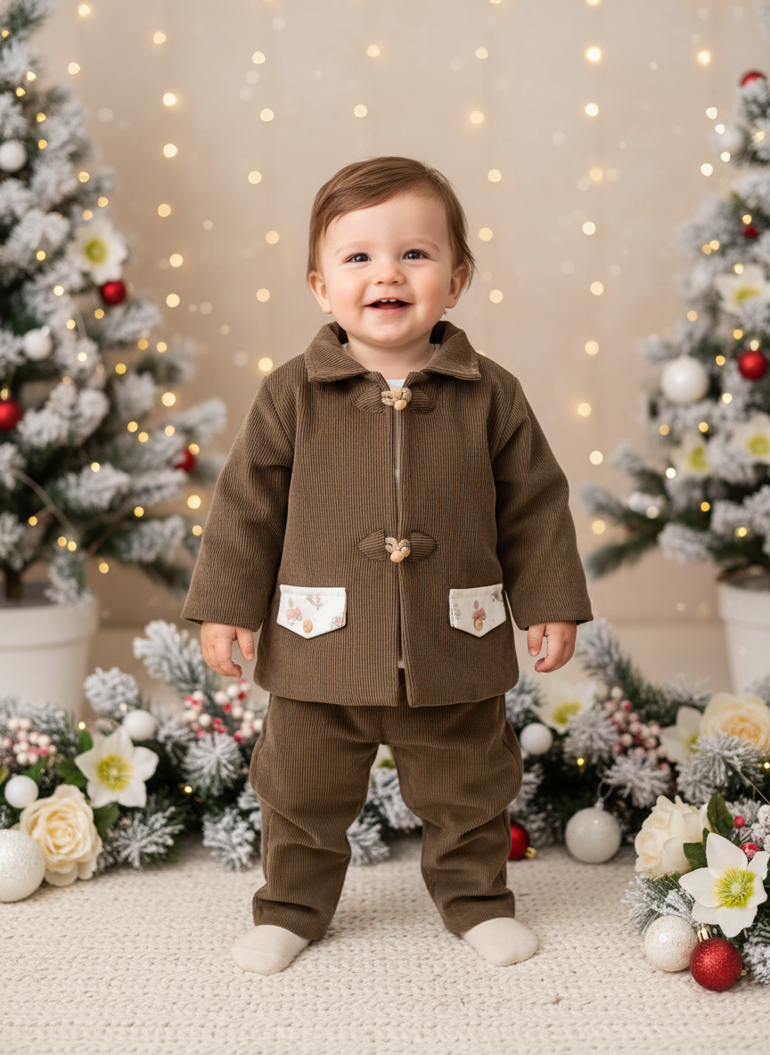 Conjunto menino bombazine 3 peças: casaco, calças e camisola