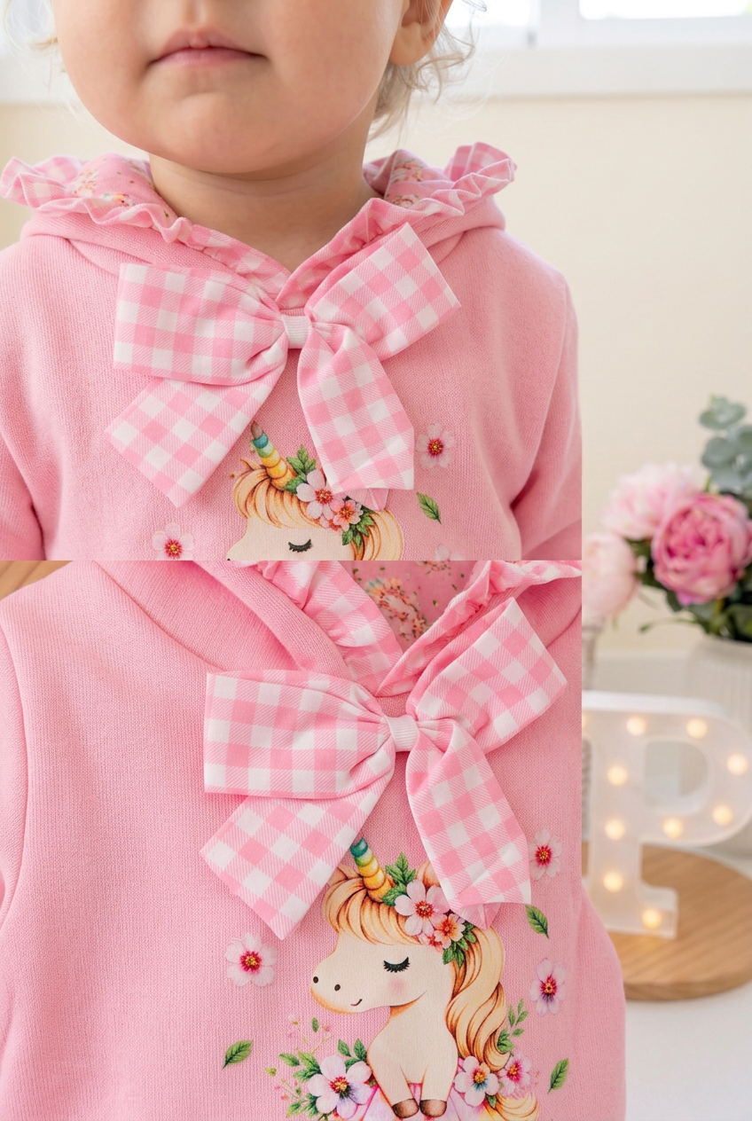 Conjunto Unicórnio Encantado Rosa – Camisola com Capuz e Tapa-Fraldas 6-36M