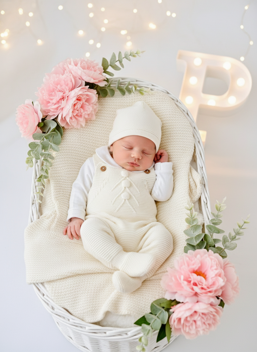 Saída de maternidade bolinhas: jardineiras, camisola e gorro