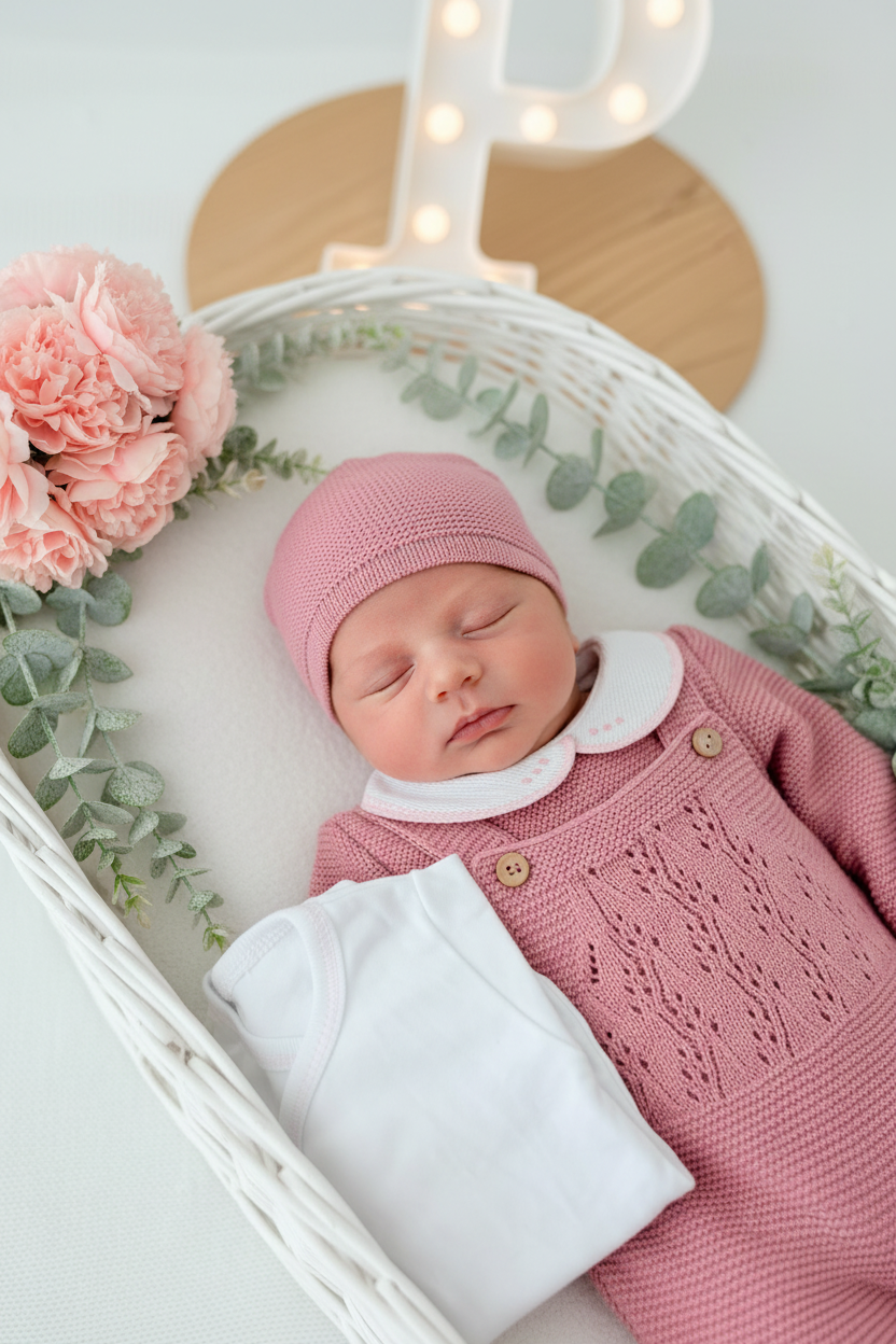 Pack saída de maternidade Rosa 5 peças: body, calças, jardineiras, camisola e gorro