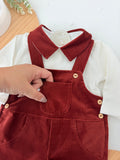Conjunto tijolo: jardineiras e camisola 3-6-12M