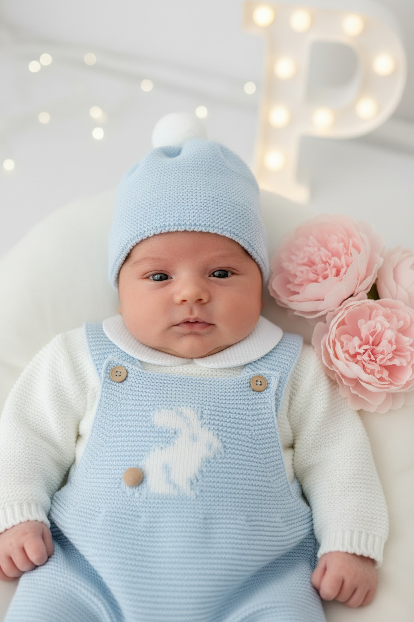 Conjunto coelhinho: jardineiras, camisola e gorro