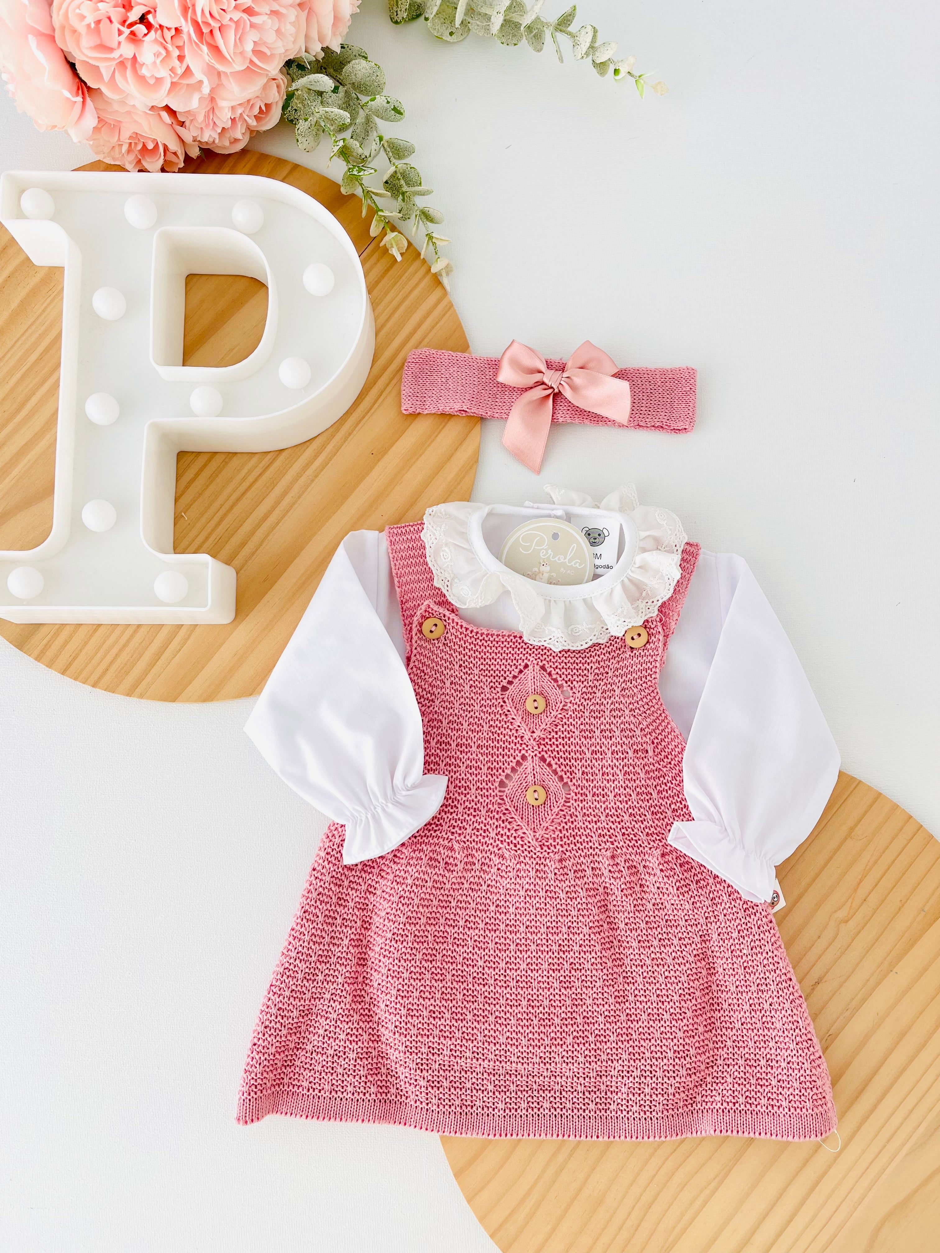 Conjunto Rosa Velho: vestido, blusa e fita com laço