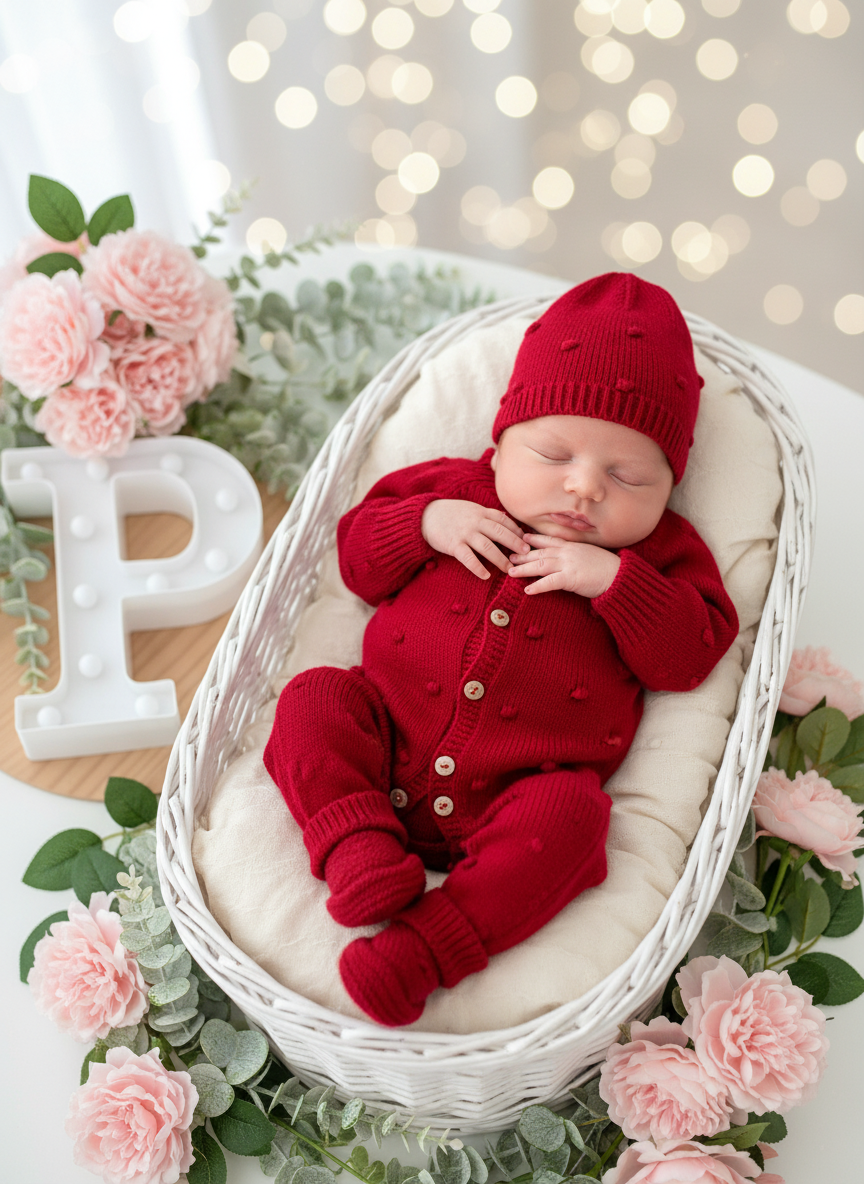 Conjunto bolinhas VERMELHO: macacão, gorro e carapins de malha