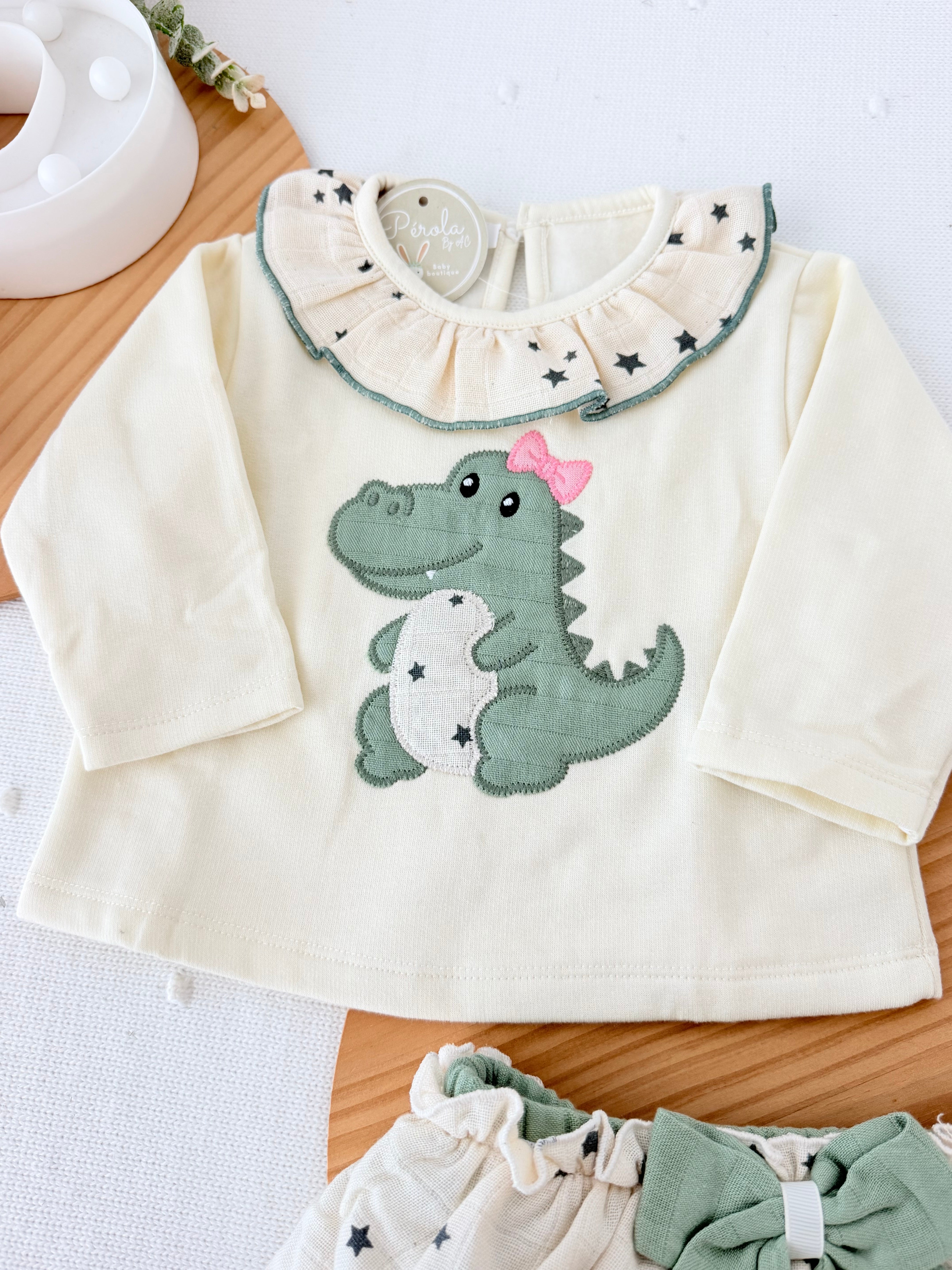 Conjunto dinossauro menina: camisola com capuz e calções