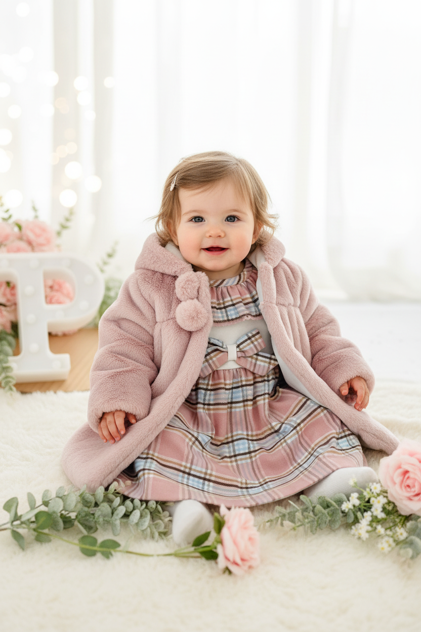 Conjunto Bela: casaco de pêlo comprido e vestido