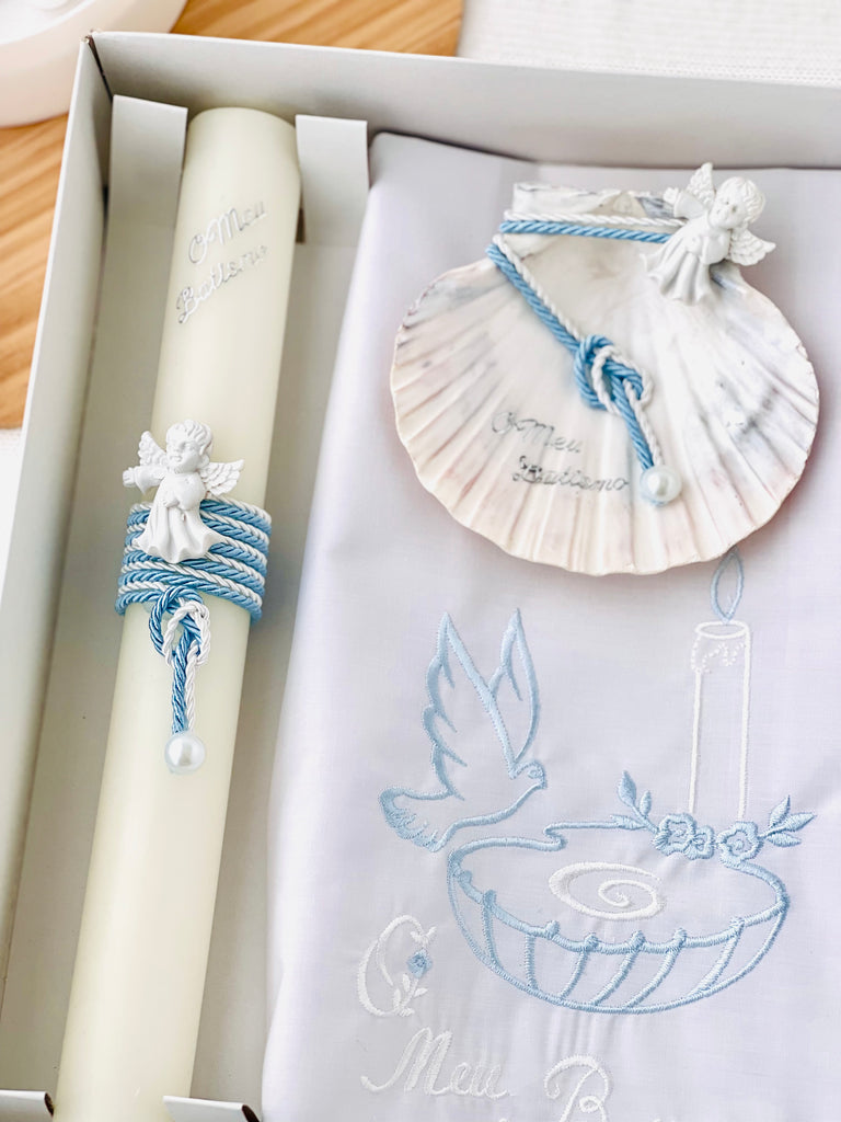 Conjunto para Batizado: vela, toalha e concha Batizado Pomba