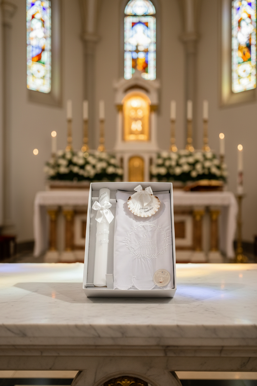 Conjunto para Batizado: vela, toalha e concha Batizado - Ramos