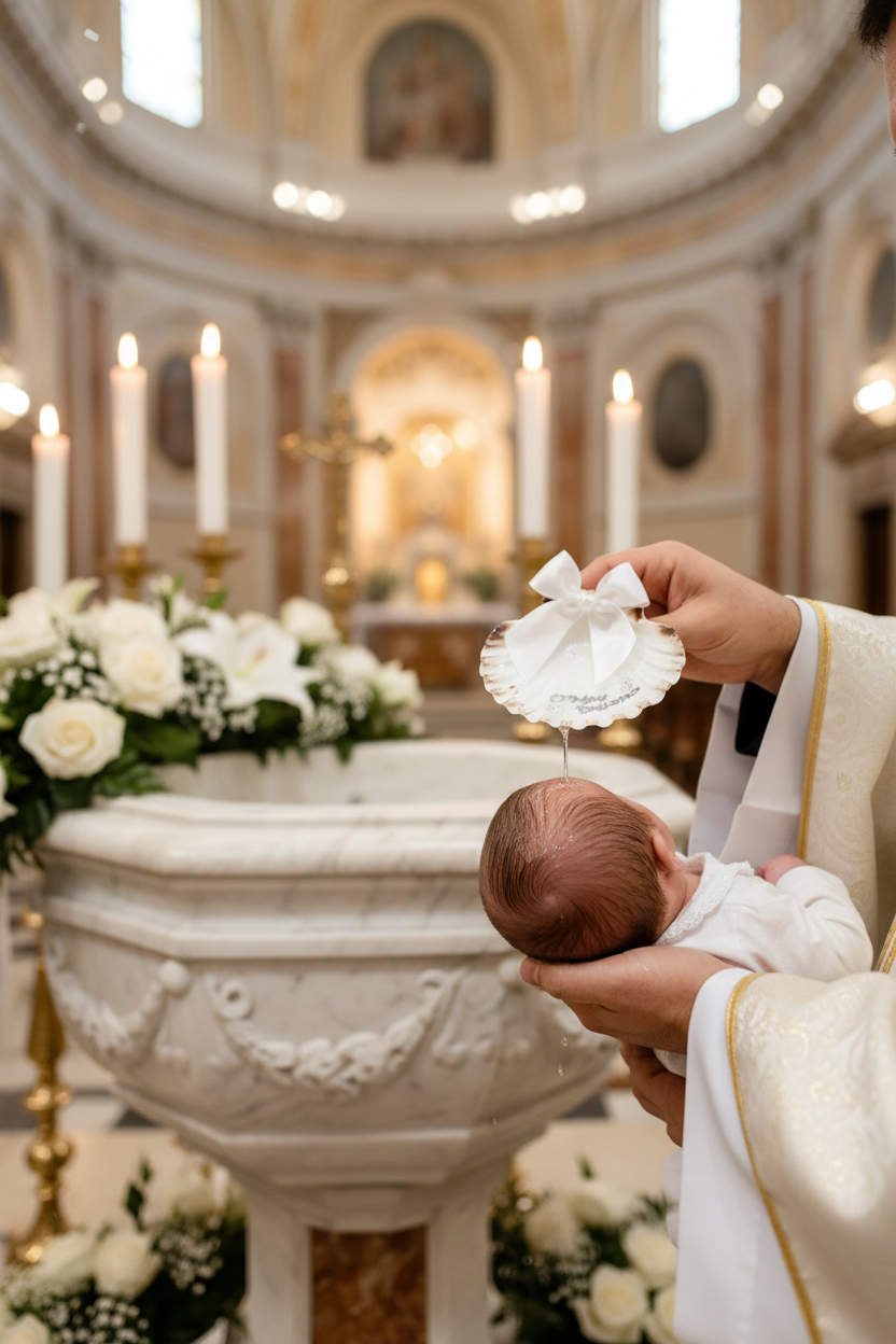 Conjunto para Batizado: vela, toalha e concha Batizado - Ramos