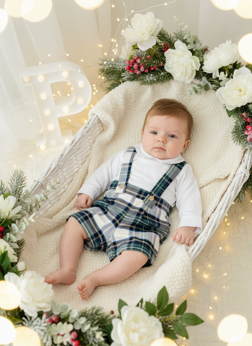 Conjunto xadrez verde e branco: Calções com alças e camisa