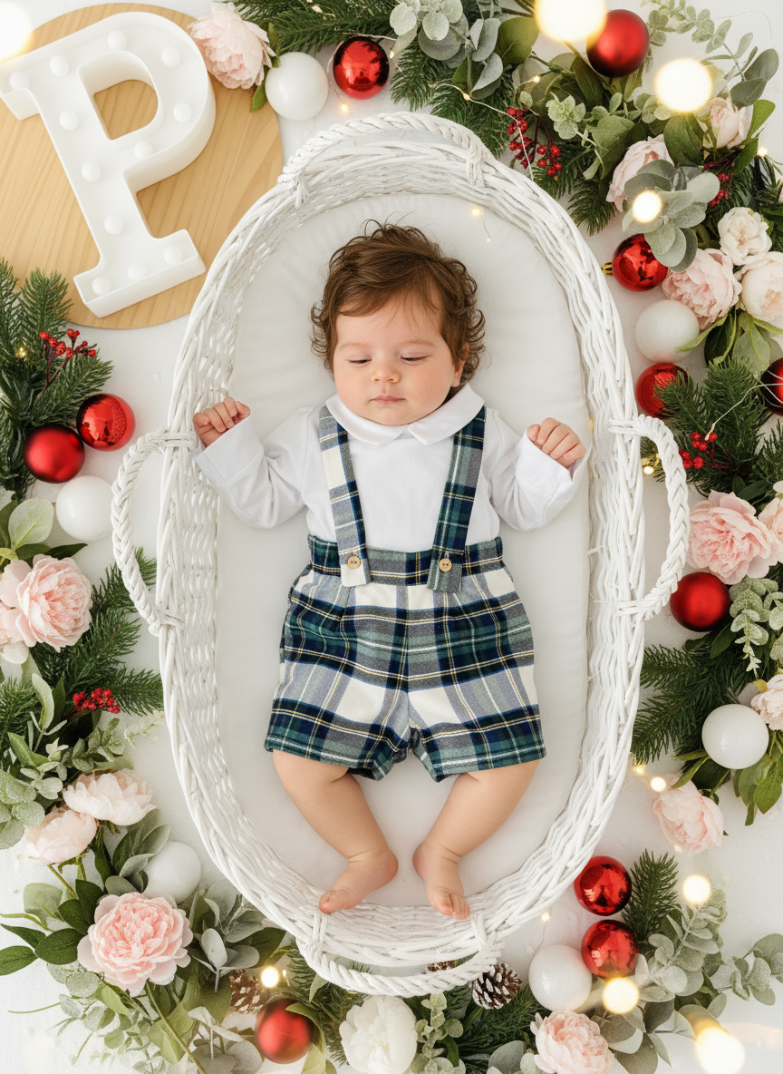 Conjunto xadrez verde e branco: Calções com alças e camisa