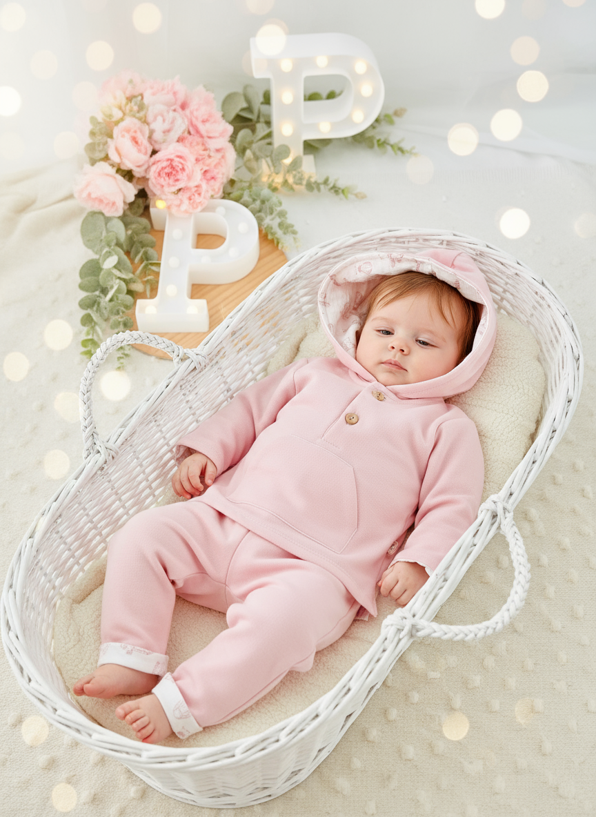 Fato de Treino Rosa com Capuz - Conjunto Cardado Quentinho (3-36m)