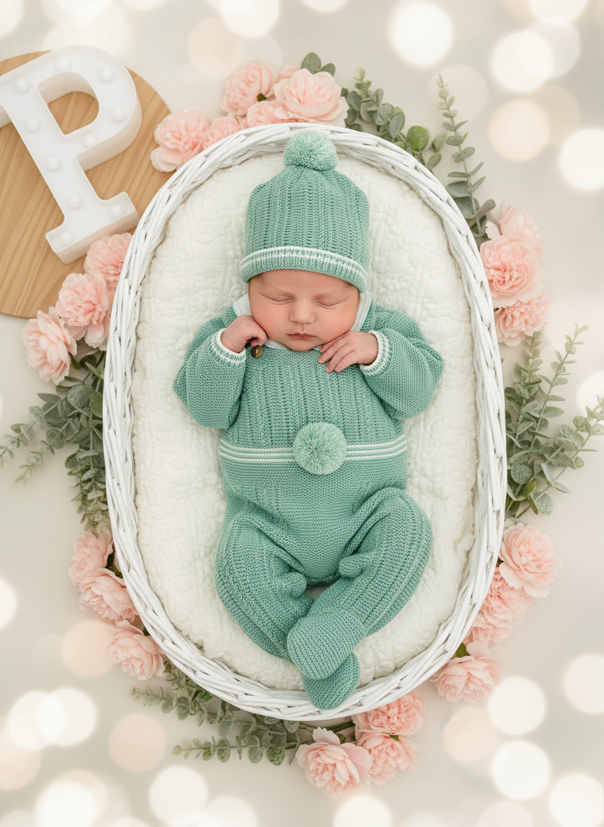 Conjunto Pompom verde: jardineiras, camisola e gorro