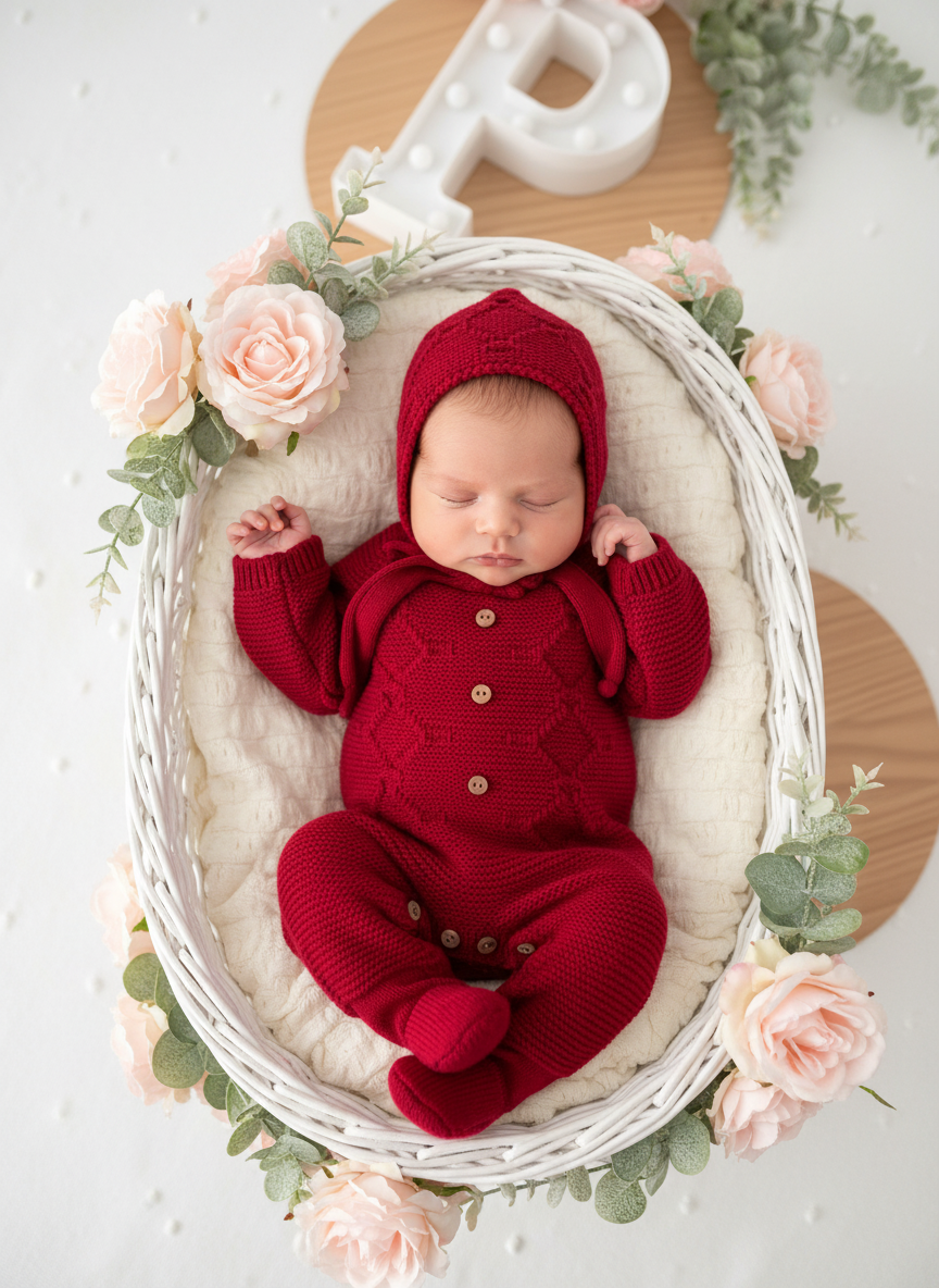 Saída de maternidade vermelho: Babygrow e touca