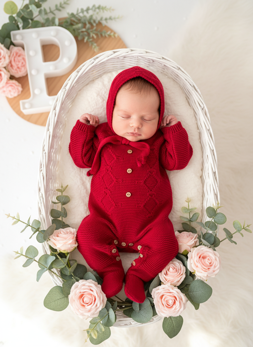 Saída de maternidade vermelho: Babygrow e touca