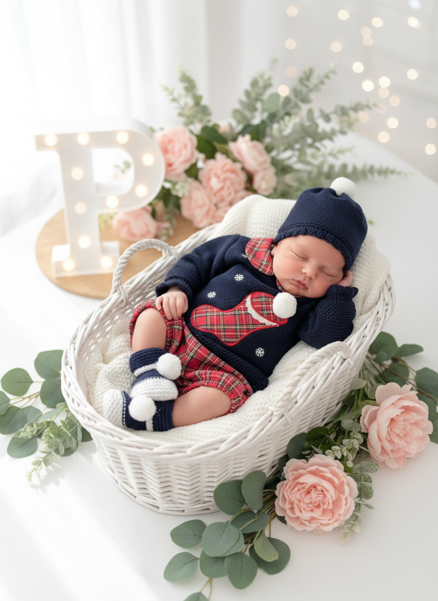 Conjunto Natal: camisola, calções e gorro pompom