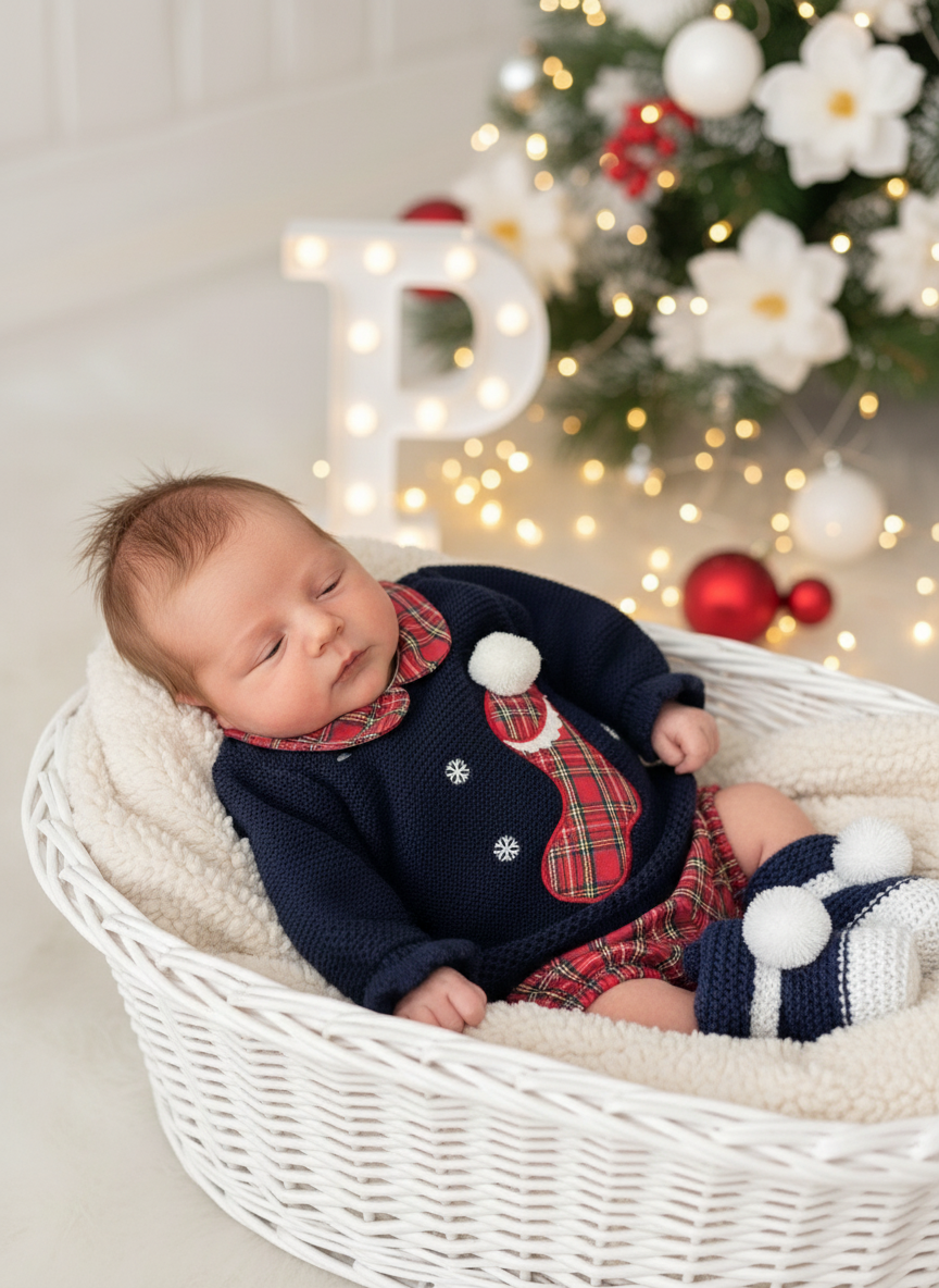 Conjunto Natal: camisola, calções e gorro pompom