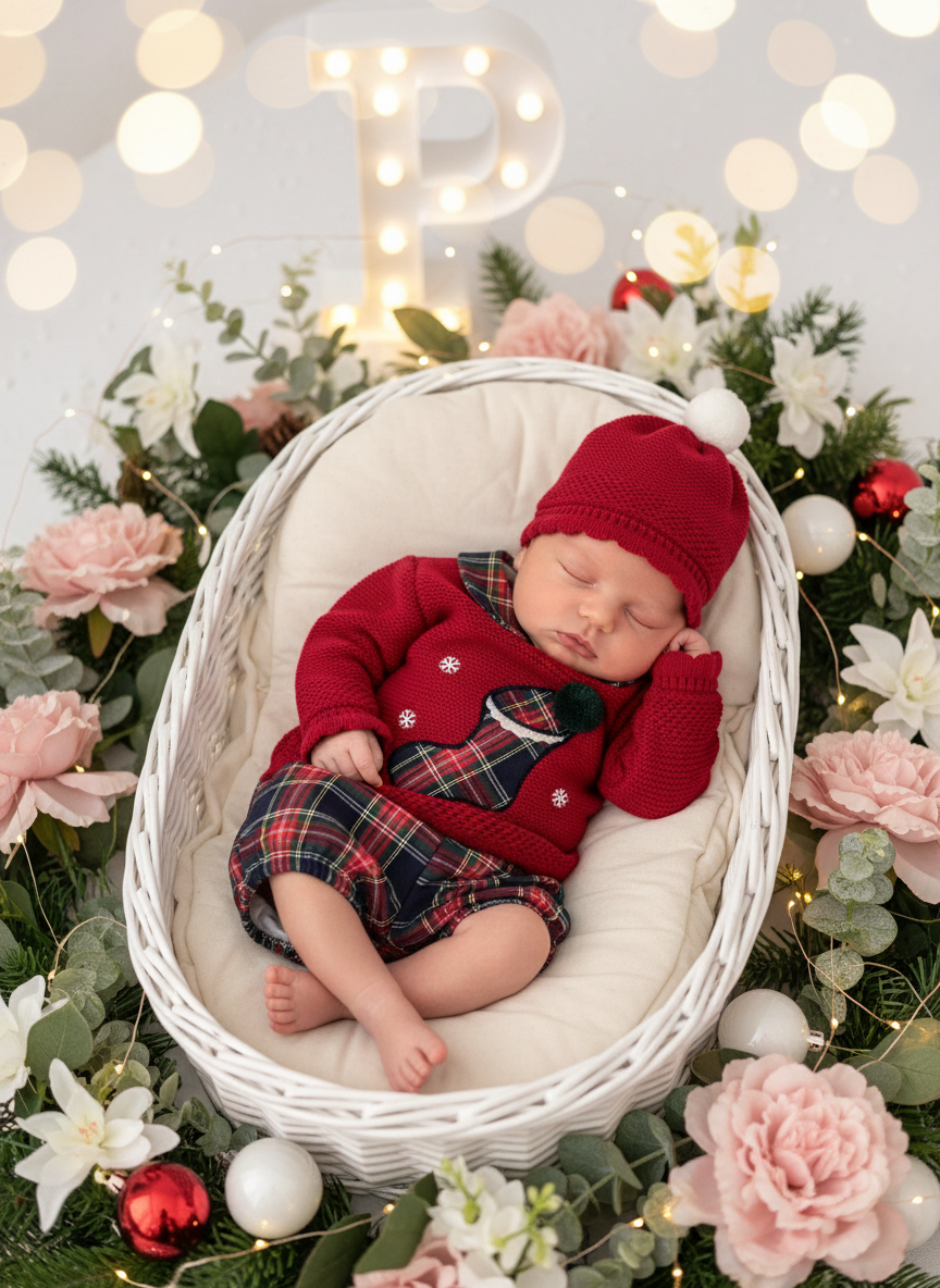 Conjunto Natal: camisola, calções e gorro pompom