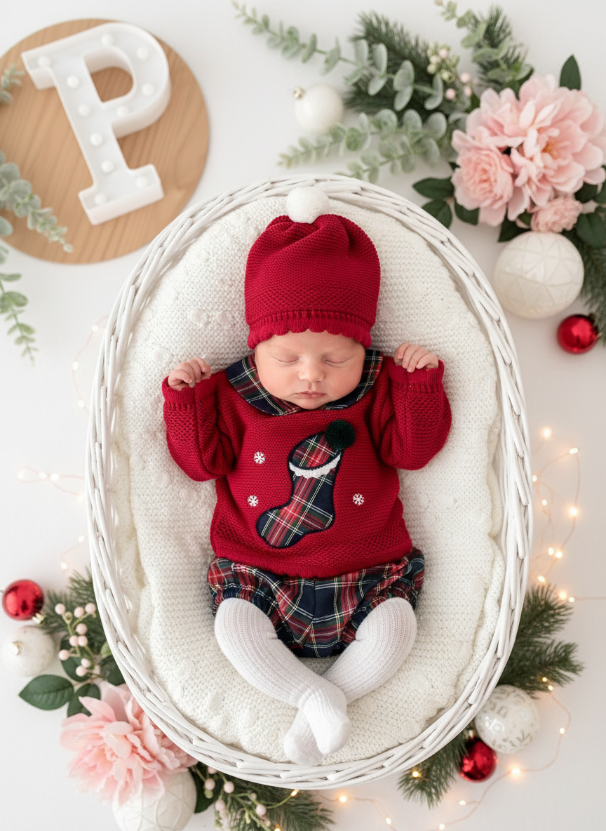 Conjunto Natal: camisola, calções e gorro pompom