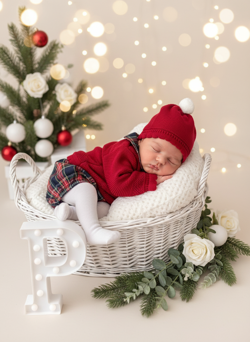 Conjunto Natal: camisola, calções e gorro pompom