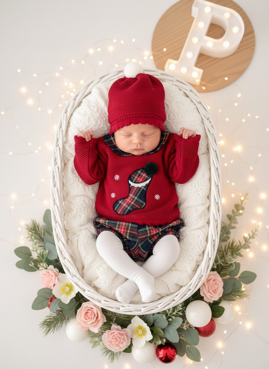 Conjunto Natal: camisola, calções e gorro pompom