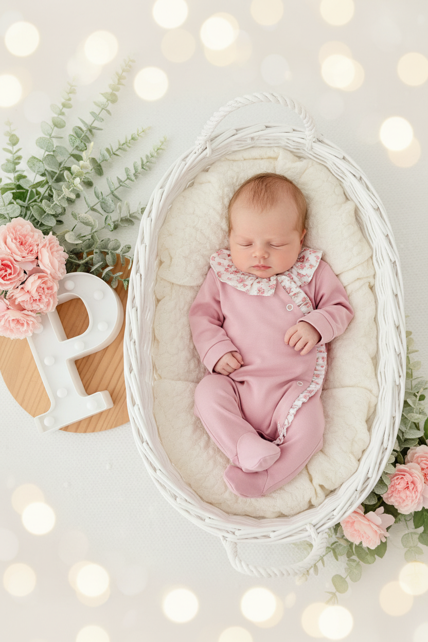 Babygrow Rosa velho tema flores em algodão