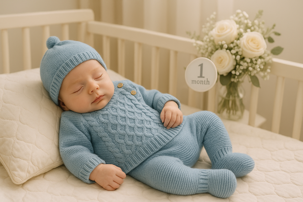 Bebé em formato vertical com conjunto azul