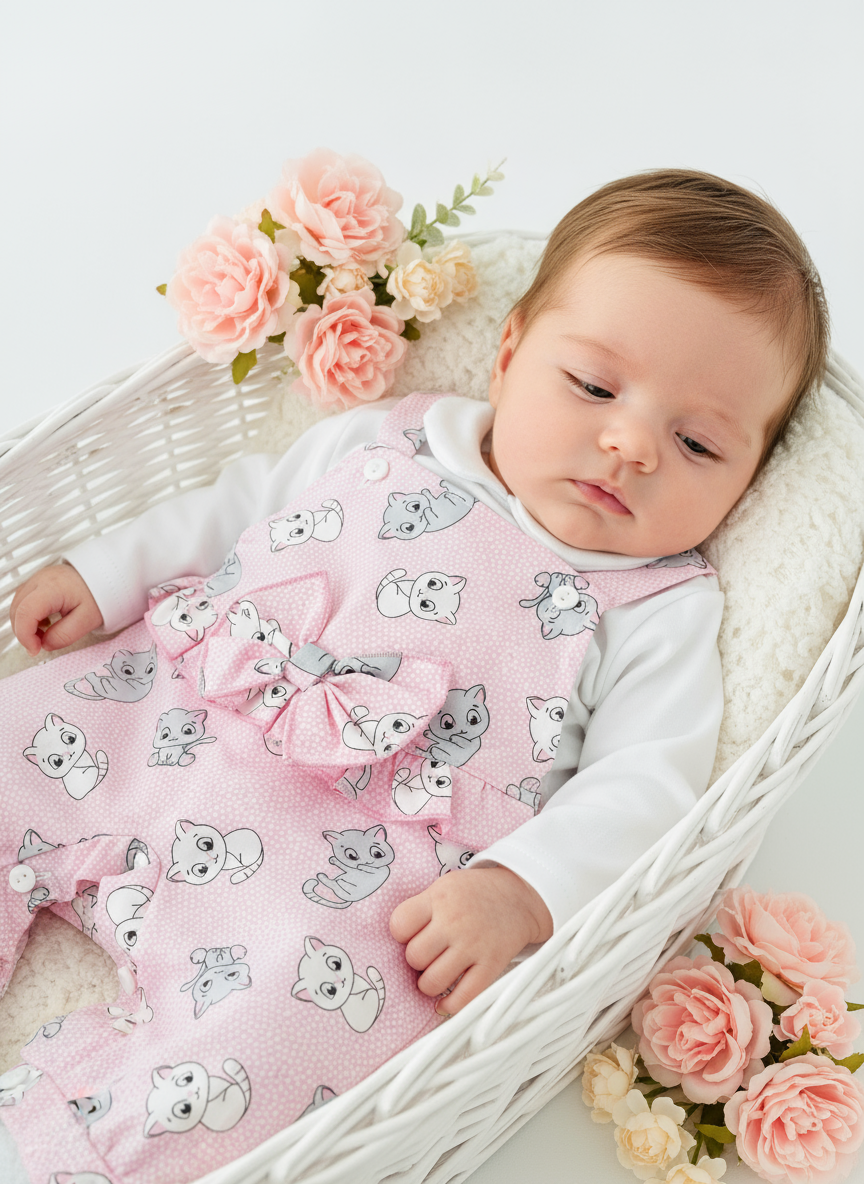 Detalhes dos gatinhos, gola Peter Pan e laço rosa