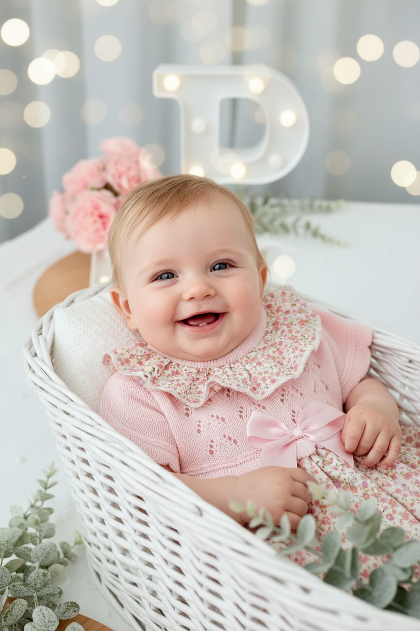 Vestido tema flores e laço 3-12M