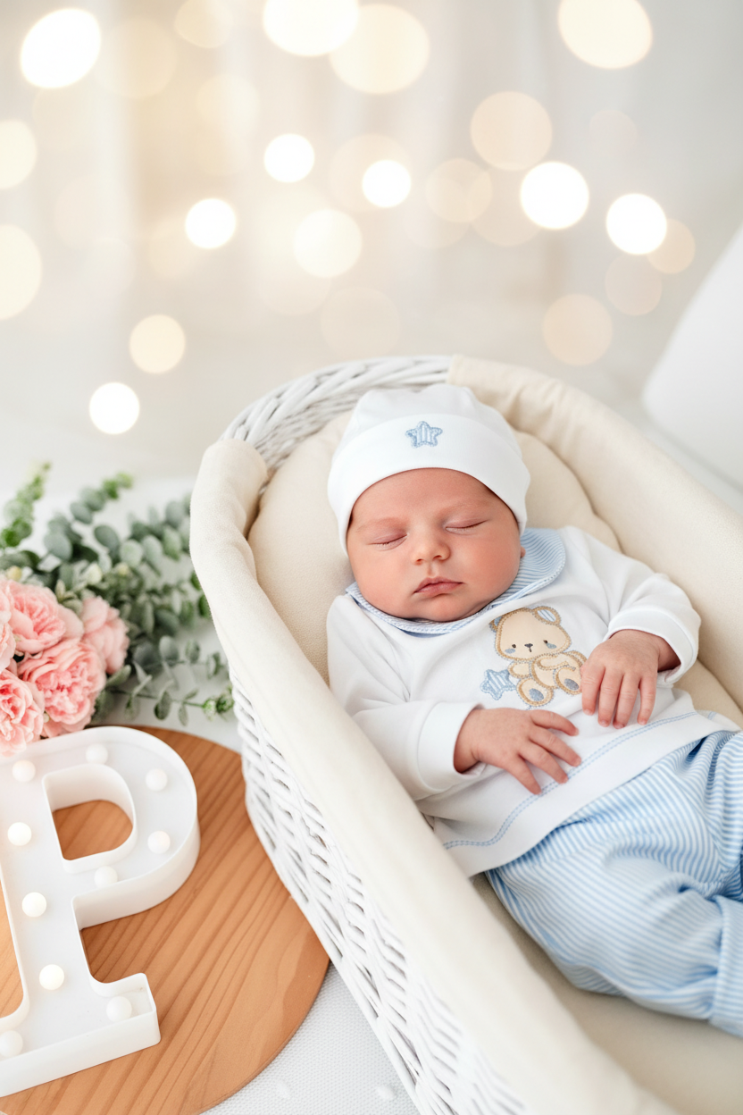 Conjunto algodão menino 4 peças : calças, camisola, carapins e gorro