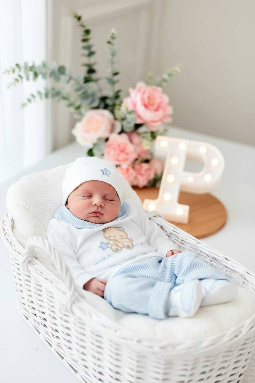 Conjunto algodão menino 4 peças : calças, camisola, carapins e gorro