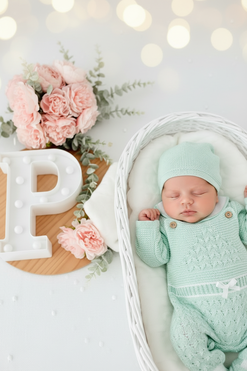 Pack saída de maternidade VERDE 5 peças: body, calças, jardineiras, camisola e gorro