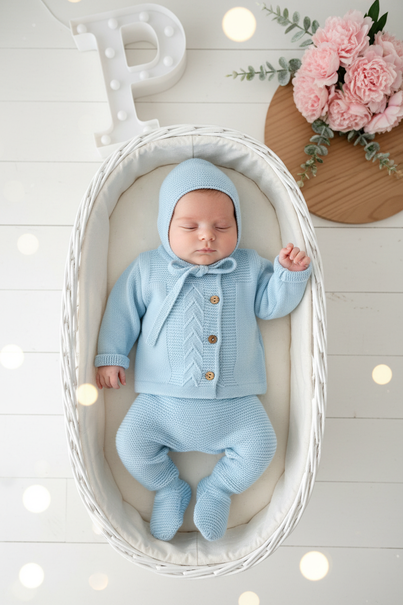 Conjunto em malha quentinha para bebés: casaco, calças e touca