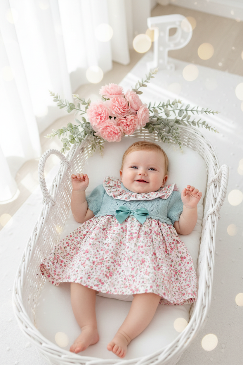 Vestido tema flores e laço 3-12M