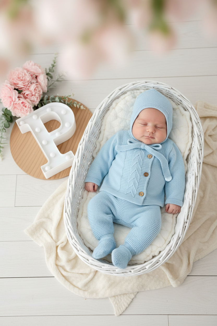 Conjunto em malha quentinha para bebés: casaco, calças e touca