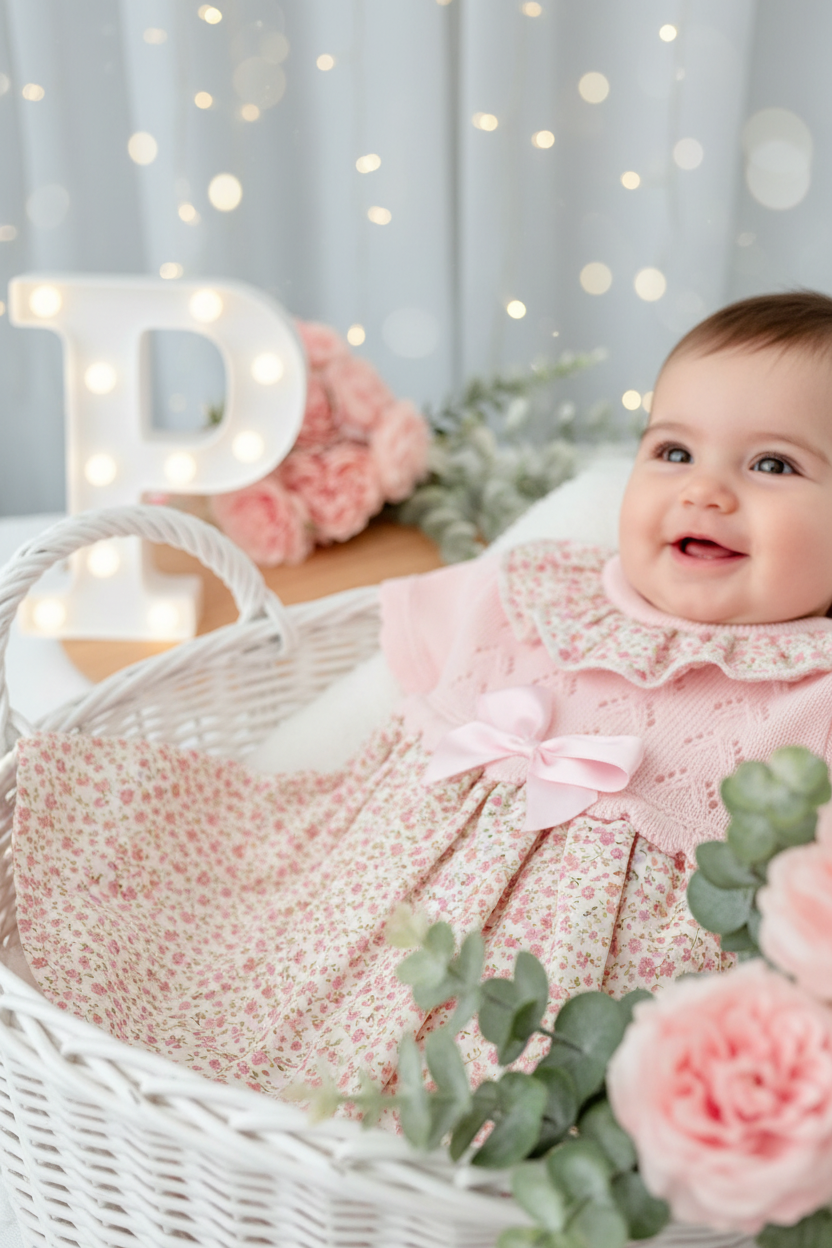 Vestido tema flores e laço 3-12M