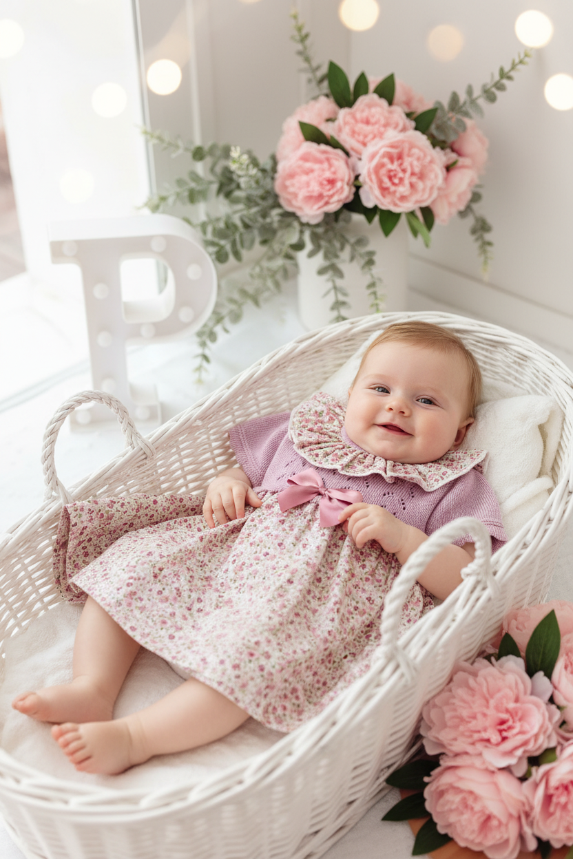 Vestido tema flores e laço 3-12M