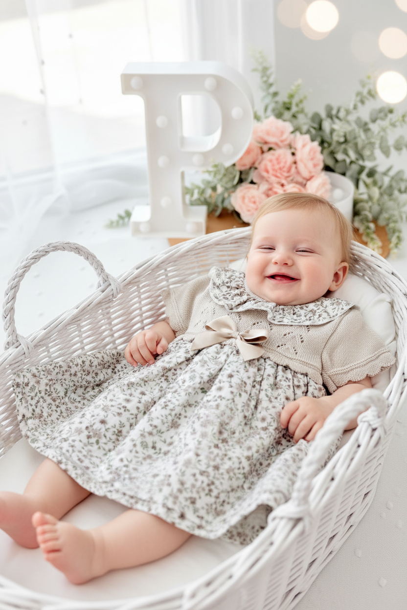 Vestido tema flores e laço 3-12M