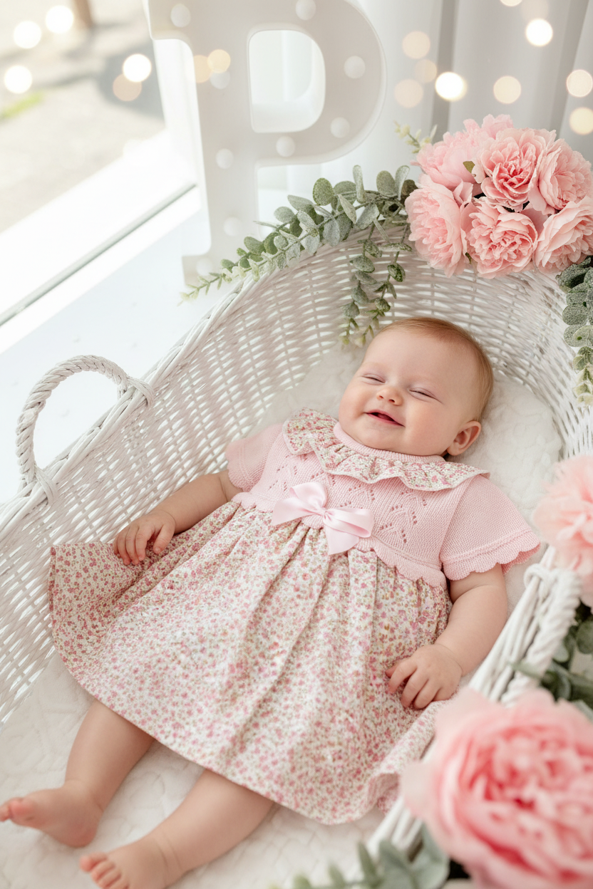 Vestido tema flores e laço 3-12M