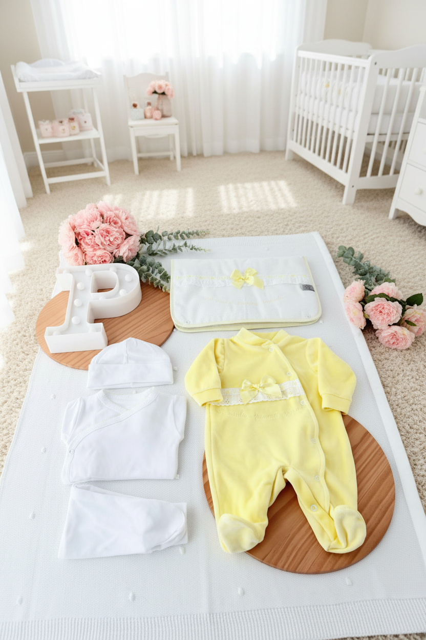 Conjunto primeira roupinha veludo em Amarelo