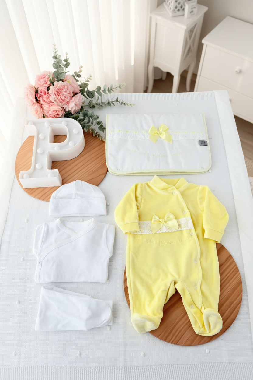Conjunto primeira roupinha veludo em Amarelo