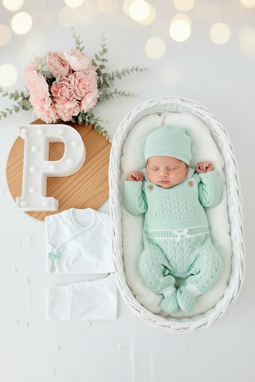 Pack saída de maternidade VERDE 5 peças: body, calças, jardineiras, camisola e gorro