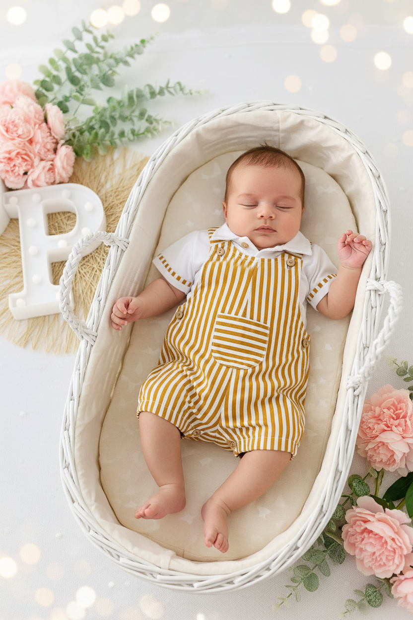 Jardineiras e polo às riscas