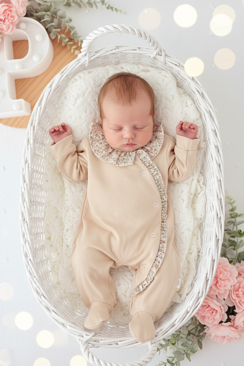 Babygrow bege tema flores em algodão