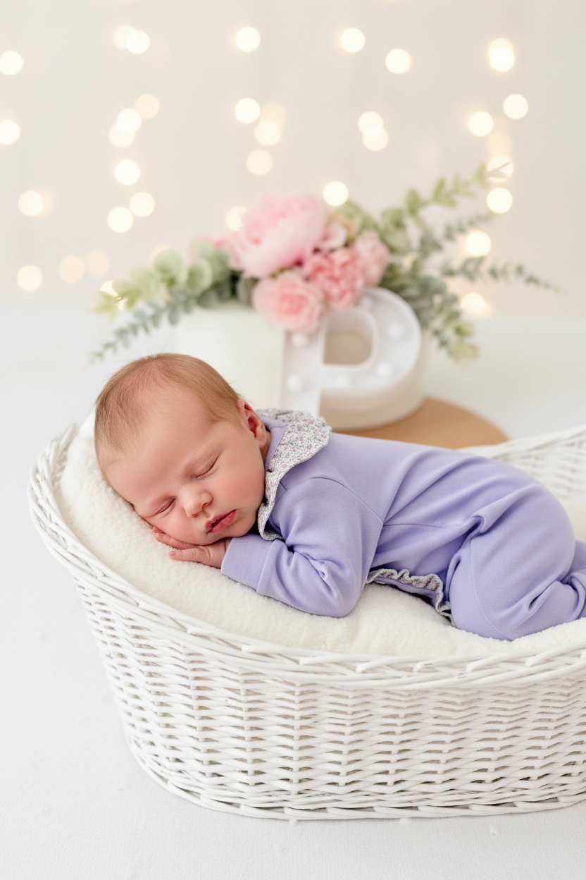 Babygrow em algodão lilás - tema flores roxas