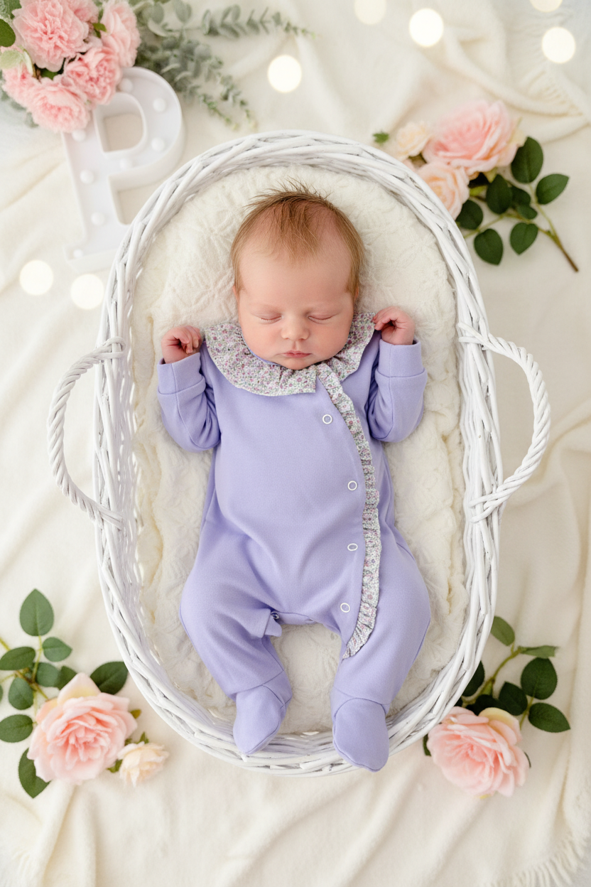 Babygrow em algodão lilás - tema flores roxas