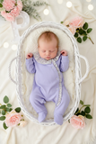 Babygrow em algodão lilás - tema flores roxas