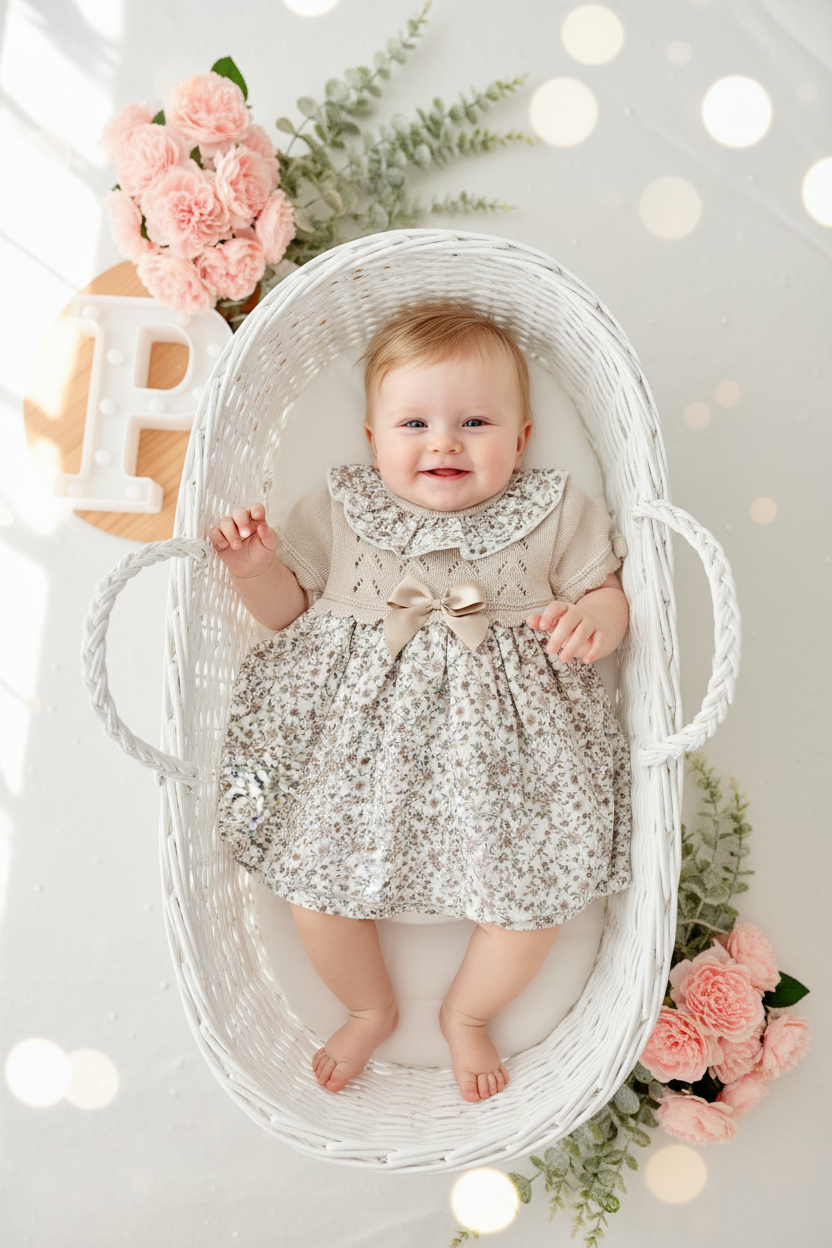 Vestido tema flores e laço 3-12M