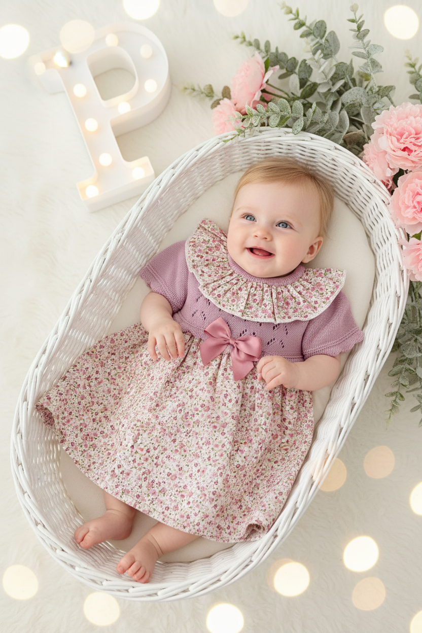 Vestido tema flores e laço 3-12M